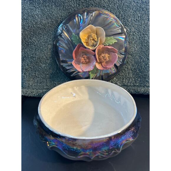 Black Luster Covered Bowl with Ceramic Flowers on Top MCM - Picture 2 of 8
